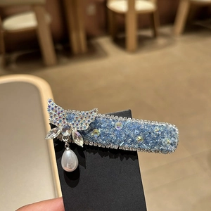 Detail der blauen Kristall-Schmetterlings-Haarspange mit Perlenanhänger auf Karte