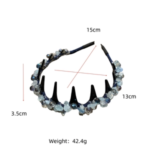 Detail showing headband dimensions 15cm diameter with blue crystals and measurement lines
