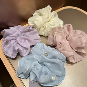 Large Elegant Organza Scrunchies Floral Embroidery Hair Ties For Women Sweet Korean Style Decorative Headwear Daily Accessories