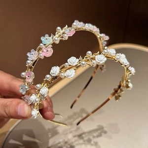 Floral Artificial Pearl Headband For Women Sweet Fairy Flower Resin Rose Alloy Rhinestone Hair Band Wedding Party Hair Accessories