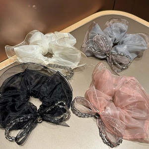 Korean Organza Mesh Scrunchie With Crystal Bowknot Beaded Elegant Hair Tie For Women Girls Hair Accessories