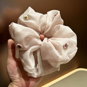 Detail showing an oversized pale pink organza hair scrunchie with floral embroidery