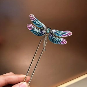 Bastoncino per Capelli Libellula in Stile Cinese Vintage Con Smalto Blu Viola Strass Elegante Forcina in Lega per Hanfu Gioielli