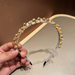 Beaded headband featuring amber faceted crystals and yellow raw gemstones on silver wire