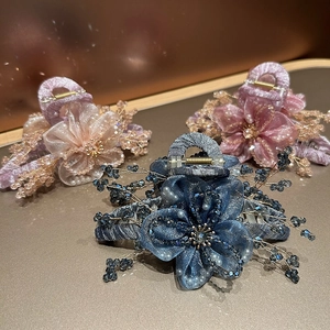 Elegante Pinza per Capelli a Fiore in Organza Fatta a Mano con Cristalli e Künstliche Perle Grande Fermaglio Shark per Donna Festa Quotidiano