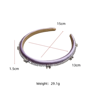 Top view of lilac satin headband with crystal rhinestones showing detailed dimensions