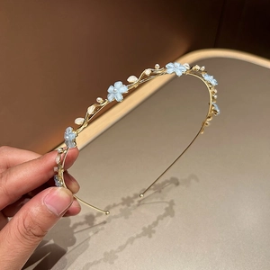 Serre-tête doré avec fleurs bleues et perles pour accessoires de cheveux femme