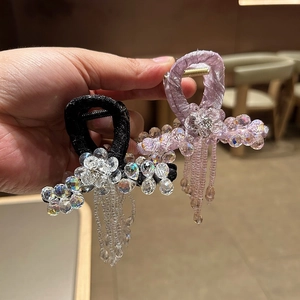 Luxury Crystal Flower Tassel Hair Claw Clip For Women Elegant Handmade Satin Wrapped Beadwork Shark Clip Hair Accessory