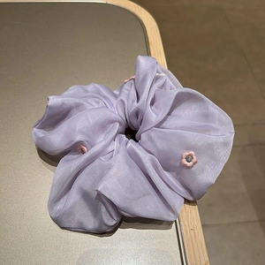 Elegant light purple organza scrunchie with pink floral embroidery for hair styling