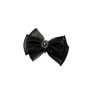 Elegant black organza bow hair clip featuring a vintage gemstone and sparkling rhinestones