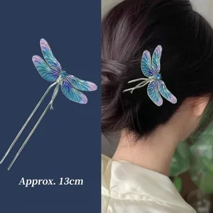 Spilla per capelli a libellula stile cinese con smalto sfumato blu e cristalli luccicanti