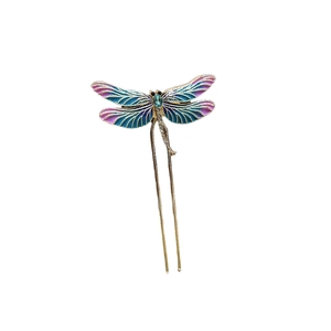 Spilla per capelli a libellula dorata con ali in smalto blu e gemma verde preziosa