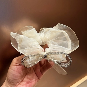 Close-up of champagne organza scrunchie featuring a beaded bow and dark gemstone