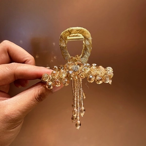 Elegant gold crystal shark hair clip with tassel and diamond flower for back of head