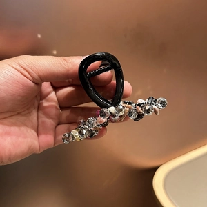 Pince à cheveux 13cm faite main avec cristaux roses et ambre sur base noire