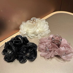 Molla per Capelli a Forma di Fiore in Organza Grande Romantica Francese Elegante Fermaglio Floreale con Strass per Donna Vacanza