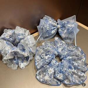 Détail des chouchous en organza bleu clair à fleurs avec dentelle et glands en cristal