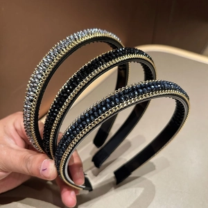 Vintage Luxury Rhinestone Beaded Headband With Gold Chain Border Wide Non-Slip Fashion Hair Band For Women Daily Party Accessory