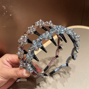 Elegant Crystal Flower Headband With Teeth Comb Artificial Rhinestone Hair Hoop Sweet Korean Style Daily Party Hair Accessories