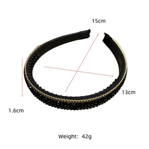 Detail of black rhinestone headband with gold chain and anti-slip teeth design