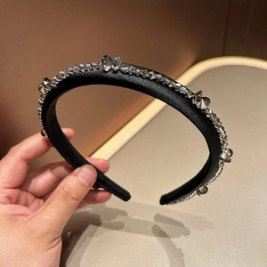 French vintage wide headband with sparkling crystal beads and black satin fabric