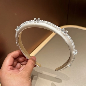 French vintage wide headband with champagne silk satin and butterfly crystals