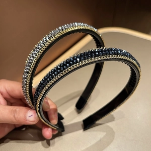 Retro handmade crystal beaded headband with gold woven chain trim in black and silver-grey