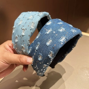 Vintage Denim Sequin Headband For Women Distressed Wide Brim Sponge Padded Korean Style Blue Denim Fabric Hair Band Accessory