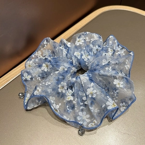 Accessoires Cheveux Femme Scrunchie en Organza Floral Bleu Élégant Avec Gland en Cristal Pince à Cheveux Noeud en Künstliche Perles