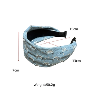 Detailed dimensions of blue sequin denim headband with padding showing 7cm width and 50g weight