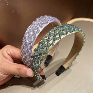 Vintage Handmade Faux Crystal Beaded Hair Band Korean Style Wide Brimmed Padded Satin Headband Elegant Women Hair Accessories