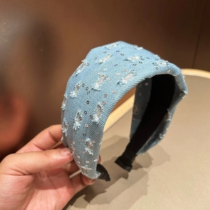 Vintage light blue denim headband with silver sequins and distressed details for women