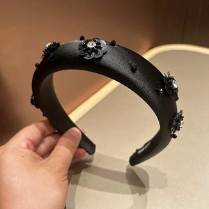 Handmade black sequin flower headband with rhinestones for elegant high-crown styling