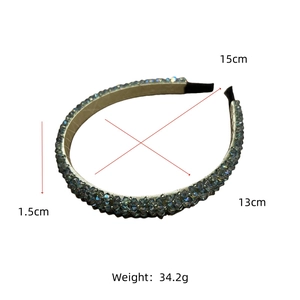 Detail view of light blue beaded crystal headband showing 1.5cm width and 34.2g weight