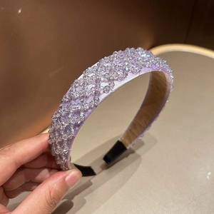 Sparkling crystal beaded lavender wide headband with elegant handmade woven pattern for women