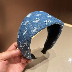 Retro denim headband with sequins and distressed design in a wide padded vintage style