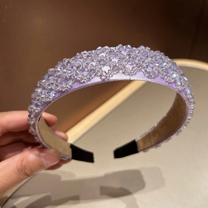 Elegant lavender crystal beaded headband with handmade woven wide brim for women