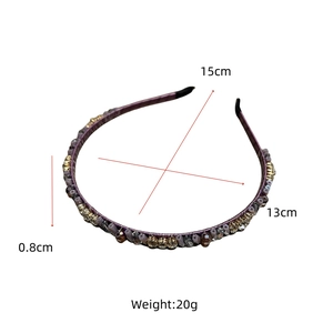 Detail view of purple beaded headband showing dimensions 15cm x 13cm and luxury design
