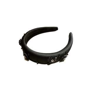 Elegant black wide headband with sequin flowers and white crystal rhinestones on satin