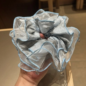 Large Blue Mesh Scrunchie With Crystal Rhinestone Pendant Korean Style Elegant Fairy Hair Tie For Women High-End Hair Accessory