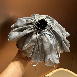 Elegant Large Satin Floral Hair Claw Clip Silver Grey Flower Hairpin For Women Retro Hair Accessories With Artificial Pearl Pendant