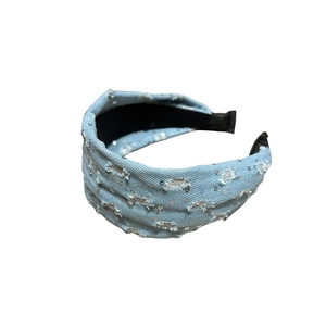 Vintage light blue denim headband with silver sequins and distressed details