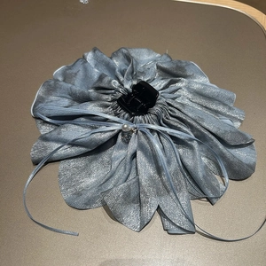 Elegant grey-blue oversized hair claw clip with metallic pleated fabric and pearl accents