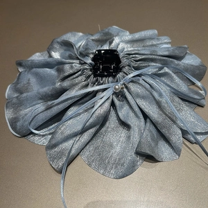 Elegant oversized silver-blue flower hair claw clip with satin petals and pearl pendant