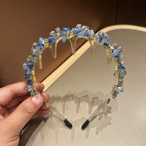 Luxury Korean Style Artificial Crystal Hair Hoop For Women Blue Crushed Stone Rhinestone Toothed Hairband Fashion Headwear