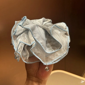 Elegant silver-blue organza scrunchie with lace details and crystal pendant for women