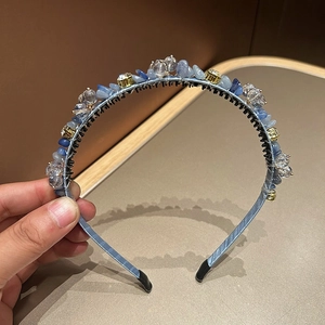 Cerchietto Stile Coreano Fatto a Mano Pietre Triturate Blu Cristallo Artificiale Per Donna Elegante Fascia Capelli Satin Strass