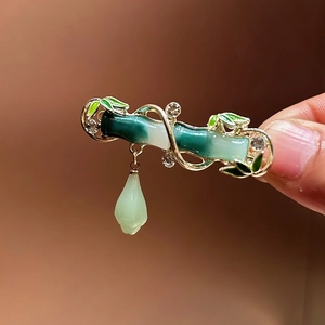 Neo-Chinese Style Bamboo Joint Hair Clip With Artificial Pearl Tassel Green Enamel Alloy Rhinestone Side Clip Retro Hanfu Accessory Women Jewelry