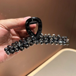 Luxury Large Crystal Beaded Hair Claw Clip For Women Black Geometric Handmade Shark Clip Hair Accessories For Thick Hair