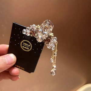 Detail of handmade crystal tassel hair claw with sparkling beads and gold chains